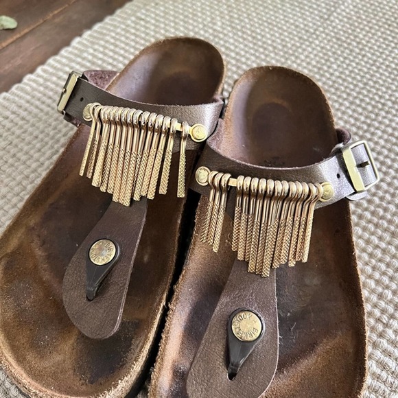 Birkenstock | Shoes | Birkenstock Gizeh Leather And Metal Fringe Sandals |  Poshmark
